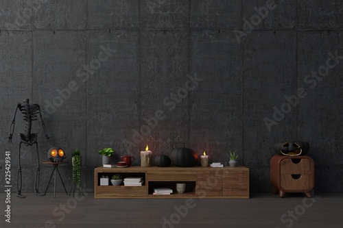 Cabinet TV in room with Halloween party at night, in living room - decorations with lanterns and pumpkins,3D rendering
