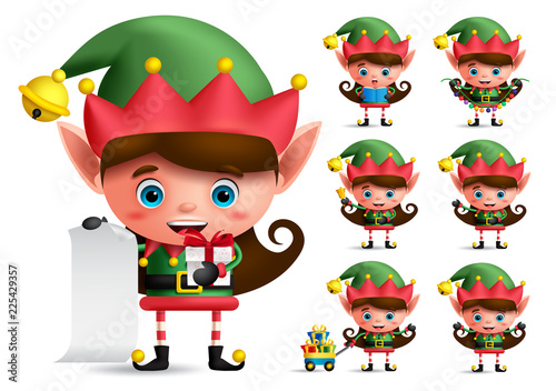 Christmas elf vector character set. Girl elves with green costume holding gifts and christmas elements while playing isolated in white background. Vector illustration.

