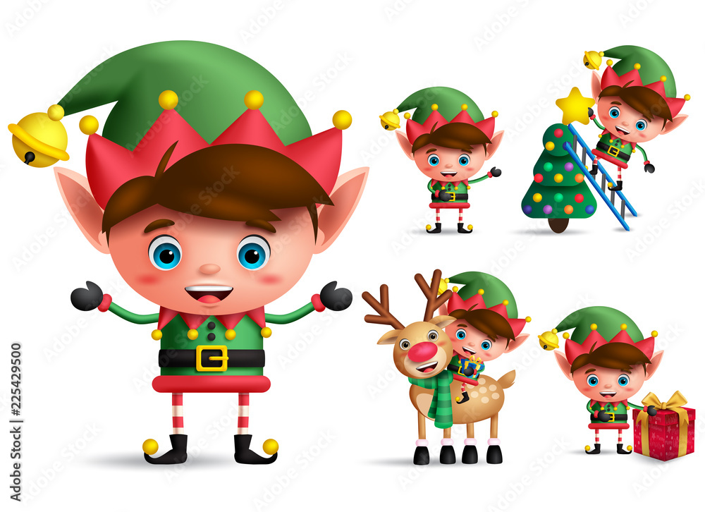 Boy christmas elf vector character set. Little kid elves with green costume holding christmas gifts and elements isolated in white background. Vector illustration.
