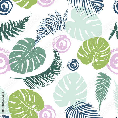 Tropical leaves seamless background. Cute multicolor pattern with exotic leaves for decoration and print.