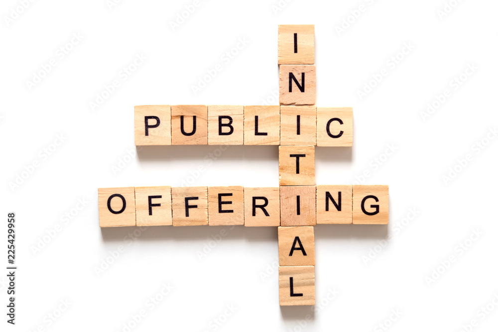 Wood cube text Initial Public Offering on white background Wood cube text Initial Public Offering on white background