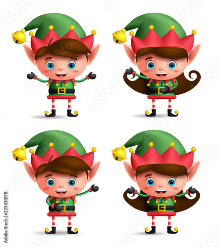 Christmas elves vector character set. Cute kids wearing green elf costume showing different posture and hand gestures isolated in white background. Vector illustration.
