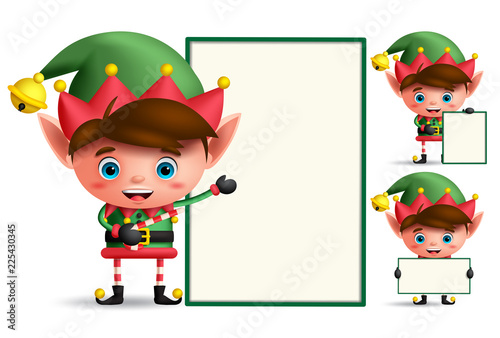 Boy christmas elf vector character set holding empty white board with space for text isolated in white background. Vector illustration.
