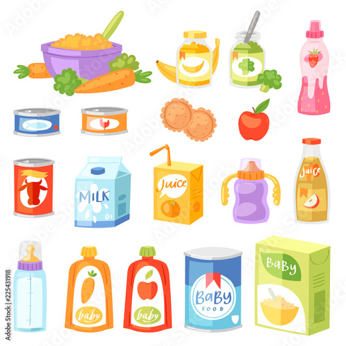 Baby food vector child healthy nutrition fresh juice with fruits and vegetable mashed puree for childcare health illustration childish set of carrot or apple and milk isolated on white background