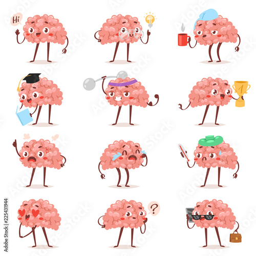 Brain emotion vector cartoon brainy character expression emoticon and intelligence emoji studying loving or crying illustration brainstorming set of businessman kawaii isolated on white background