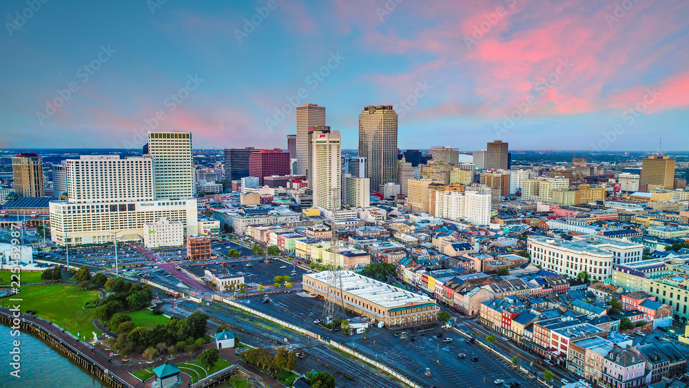 Drone Aerial of Downtown New Orleans, Louisiana, USA Skyline