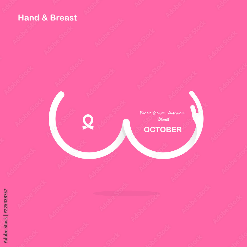 Hand shape & Breast icon.Breast Cancer October Awareness Month Campaign banner.Women health concept.Breast cancer awareness month logo design. - obrazy, fototapety, plakaty 