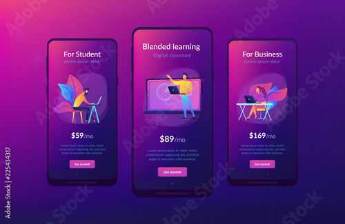 Students with laptop and lector in front of interactive board. Digital classroom landing page. Blended learning and smart classroom, modern education. App interface template.