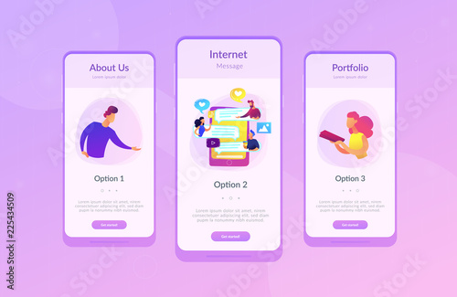 Tablet with users communicating and speech bubbles. Global internet communication, social media and network technology, chat, message and forum concept, violet palette. App interface template.