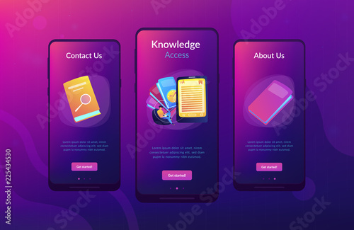 User reading ebook on tablet and books. Searchable digital library, education online, e-learning, easy access knowledge and transportation concept, violet palette. App interface template.