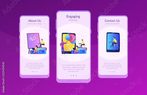 Professor teaching sudents science with help of tablet and augmented reality. Virtual reality, visual education, engaging teaching methods concept, violet palette. App interface template.