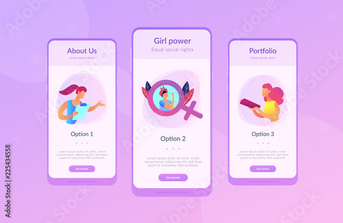 A woman image in female gender sign showing biceps as a concept of feminism, girl power, movement, female equality, equal social and civil rights. Violet palette. Mobile UI UX app interface template.
