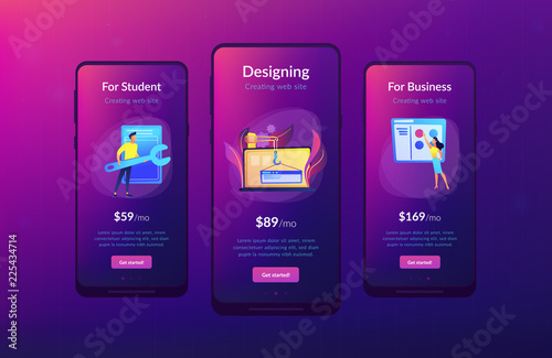 It professionals are creating web site on the laptop screen. Website development or web application, coding, designing for web browsers concept. Violet palette. Mobile UI UX app interface template.