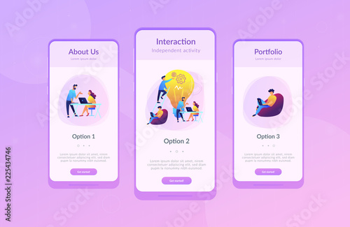 People working in friendly open space workplace. Coworking, freelance, teamwork, communication, interaction, idea, independent activity concept, violet palette. Mobile UI UX app interface template.