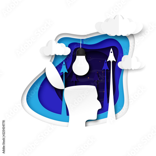 Creative idea concept with open head and light bulb paper art abstract background.Vector illustration.