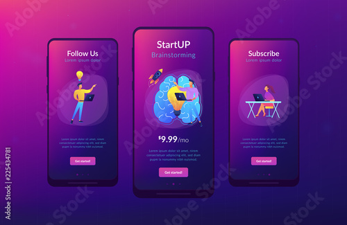 A man in workplace with laptop, big light bulb, rocket and human brain. Idea, start up launching, business success, brainstorm concept, violet palette. Mobile UI UX app interface template.
