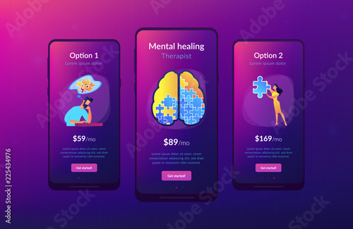 Man doing human brain puzzle. Psychology and psychotherapy landing page. Mental healing and wellbeing, therapist counselling, mental difficulties. UI UX GUI app interface template.