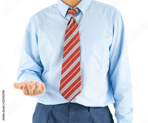 Male wearing blue shirt reaching hand out with clipping path