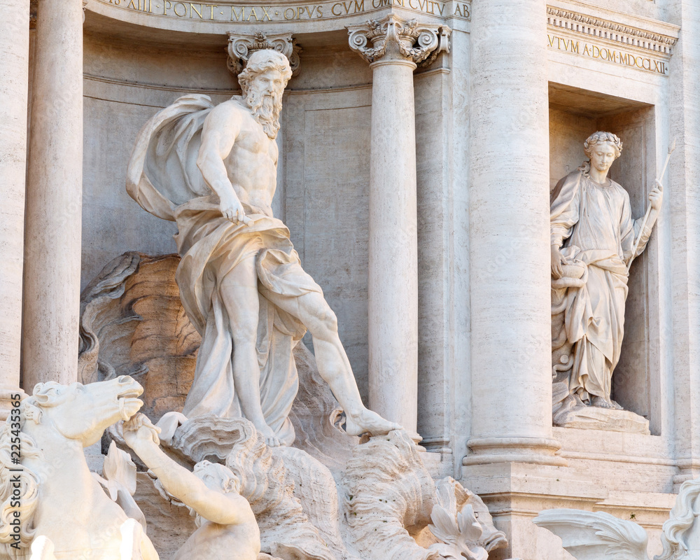 Close up of Trevi Fountain, Rome, Italy featuring Roman God Neptune