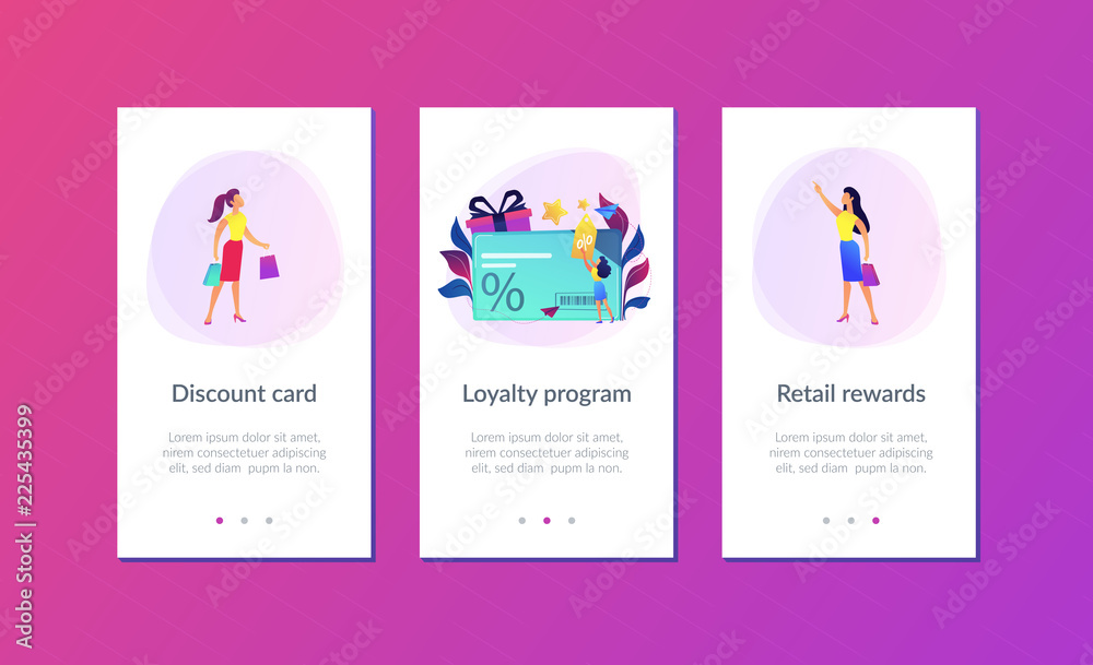 Discount card with percent sign and woman with discount tag. Loyalty program and customer service, retail and rewards card, loyalty points card concept, violet palette. UI UX GUI app interface