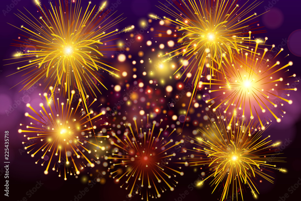 Festive Colorful fireworks on black background. Set of Vector realistic fireworks illustration.