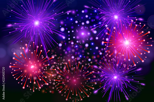 Festive Colorful fireworks on black background. Set of Vector realistic fireworks illustration.