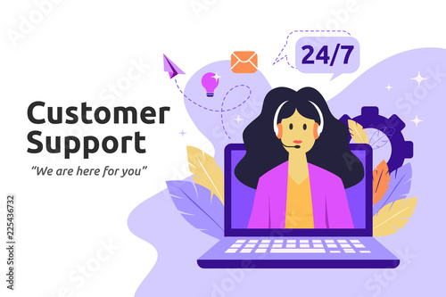 Customer and operator, online technical support concept. Female hotline operator advises client. Vector illustration