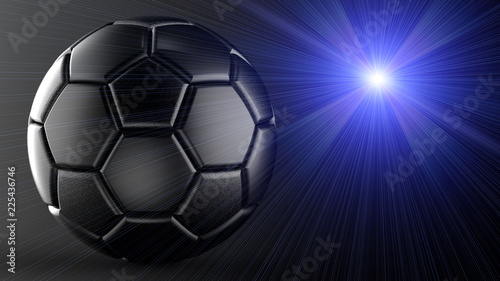 Soccer ball with flash light under black background. 3D illustration. 3D high quality rendering.
