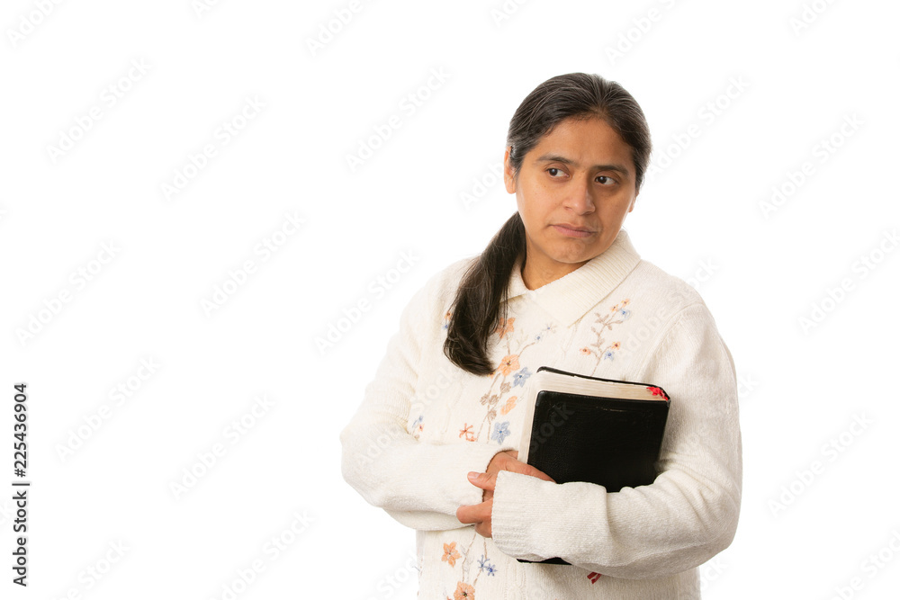 Hispanic Woman Holding Christian Bible Isolated on White Background Hispanic Woman Holding Christian Bible Isolated on White Background