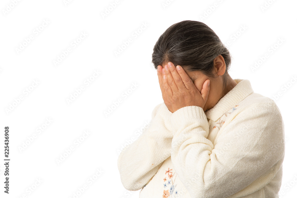 Hispanic Woman with Hands in Face Praying with Great Sadness Isolated on White Background Hispanic Woman with Hands in Face Praying with Great Sadness Isolated on White Background