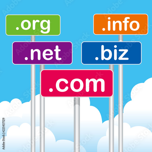 .com,.net,.biz,.info,.orgのプラカードのイラスト｜ドットコム、ドットネット、ドットビズ、ドットインフォ、ドットオーアールジー
