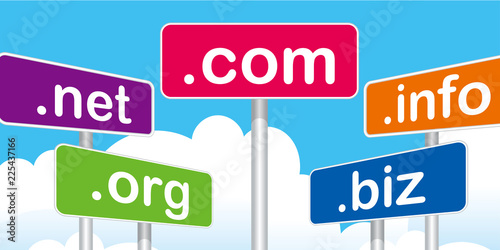 .com,.net,.biz,.info,.orgのプラカードのイラスト｜ドットコム、ドットネット、ドットビズ、ドットインフォ、ドットオーアールジー
