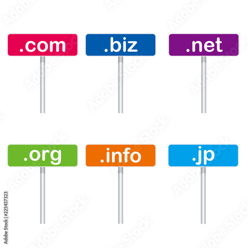 .com,.net,.biz,.info,.orgのプラカードのイラスト｜ドットコム、ドットネット、ドットビズ、ドットインフォ、ドットオーアールジー
