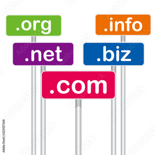 .com,.net,.biz,.info,.orgのプラカードのイラスト｜ドットコム、ドットネット、ドットビズ、ドットインフォ、ドットオーアールジー
