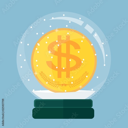 Christmas card. Snow globe with a dollar gold coin inside. Vector illustration