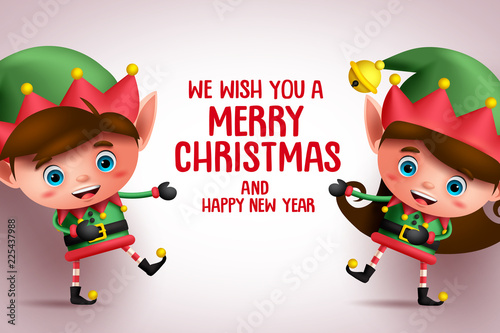 Christmas kid elves vector characters showing merry christmas greeting text in white background. Vector illustration banner template.
