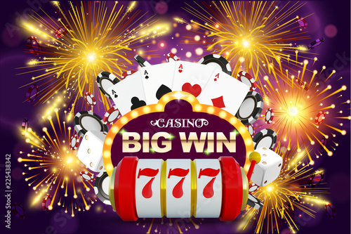 Big win 777 lottery vector casino concept with slot machine, playing chips. Win jackpot in game slot machine illustration. Casino banner poster or flyer. Online casino background.