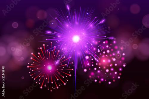 Festive Colorful fireworks on black background. Set of Vector realistic fireworks illustration. New Year Christmas firework.