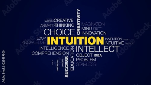 intuition intellect choice creativity acumen decision brain business awareness success insight animated word cloud background in uhd 4k 3840 2160. photo