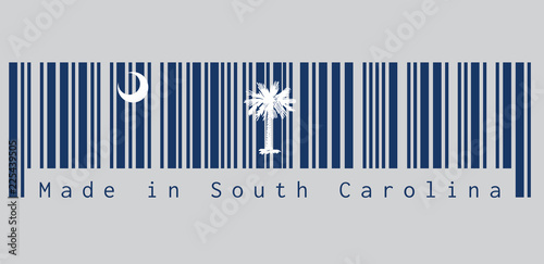 Barcode set the color of South Carolina flag, White palmetto tree on an indigo field. The canton contains a white crescent. text: Made in South Carolina. concept of sale or business.