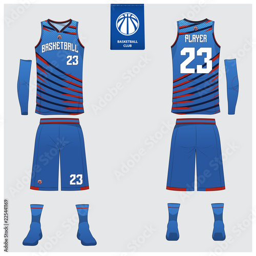 Basketball uniform or sport jersey, shorts, socks template for basketball club. Front and back view sport t-shirt design. Tank top t-shirt mock up with basketball flat logo design. Vector 