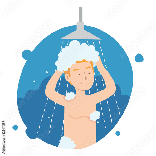 Funny young man taking shower in bathroom
