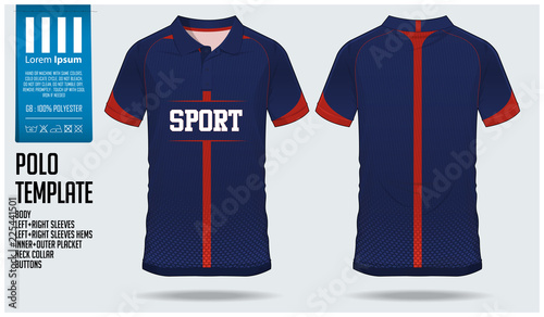 Blue Polo t-shirt sport template design for soccer jersey, football kit or sportswear. Sport uniform in front view and back view. T-shirt mock up for sport club. Vector Illustration.