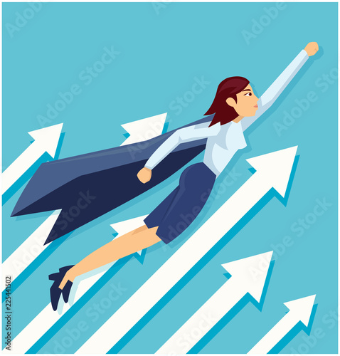 Vector illustration of business woman superhero with the capes flying in the sky