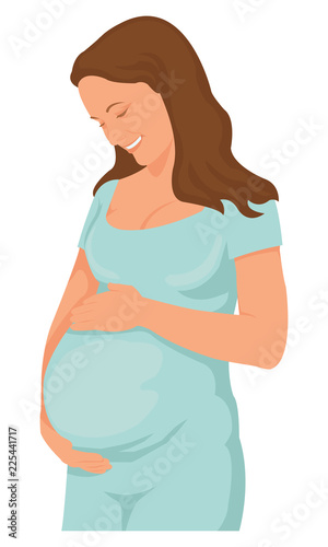 Smiling young pregnant woman touch her belly waiting for her baby