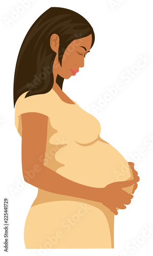 Young pregnant mother touch his belly feel her baby