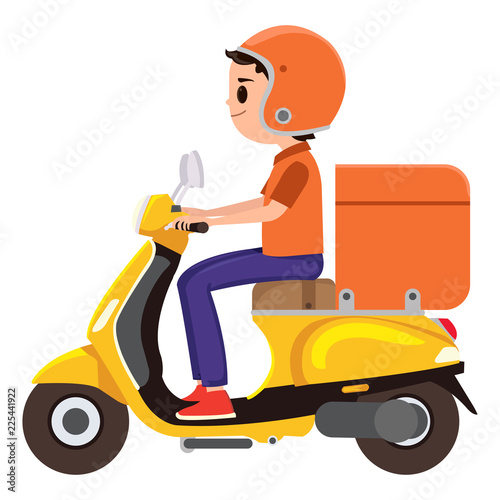 A young Boy riding an orange delivery scooter © sisti