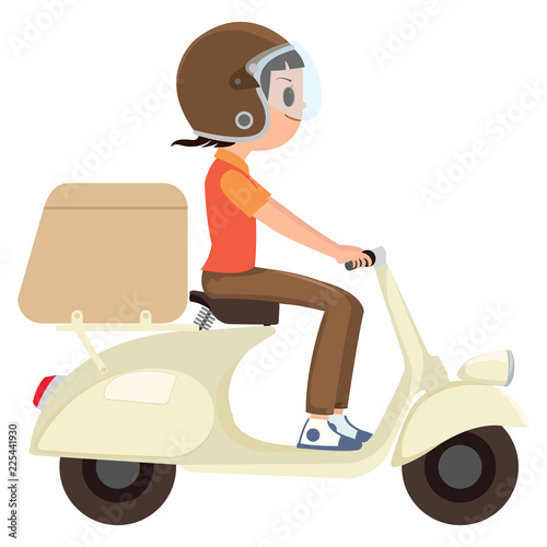 A girl riding a delivery scooter