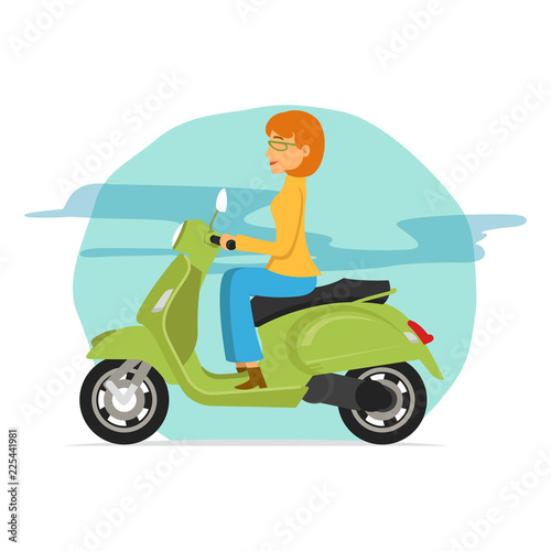 young women riding green scooter motorcycle