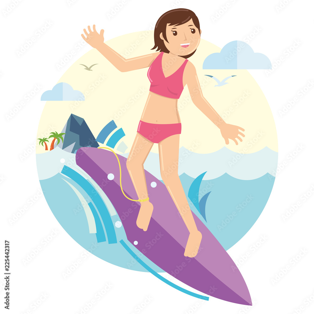 Young Girl surfing on the waves